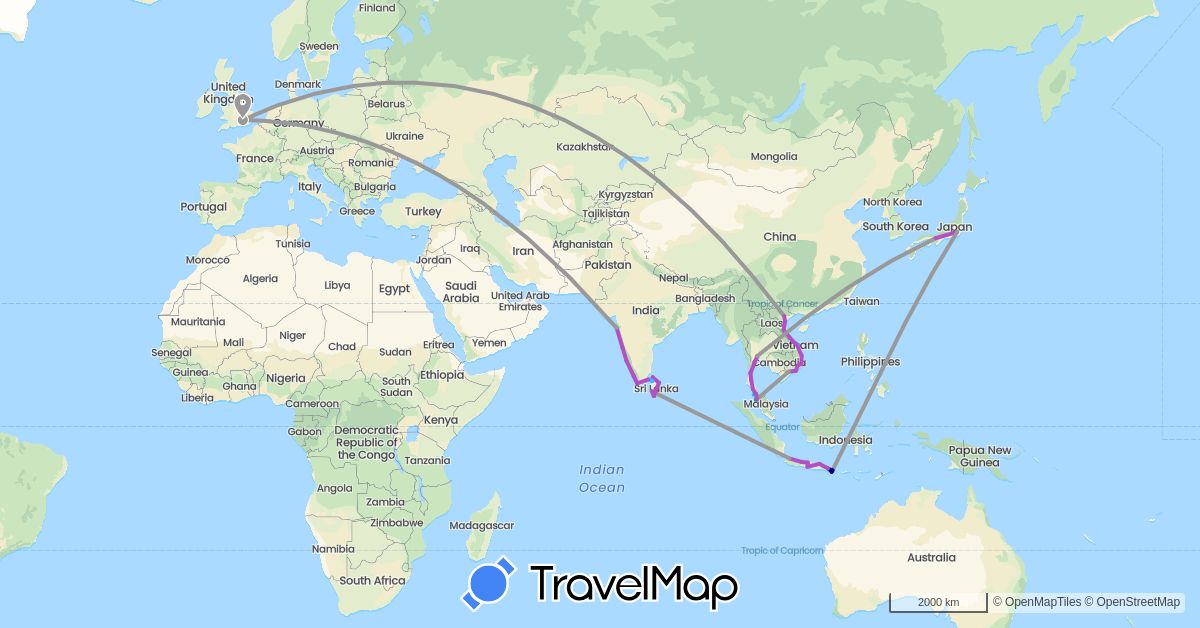 TravelMap itinerary: driving, bus, plane, train, boat in United Kingdom, Indonesia, India, Japan, Sri Lanka, Malaysia, Thailand, Vietnam (Asia, Europe)