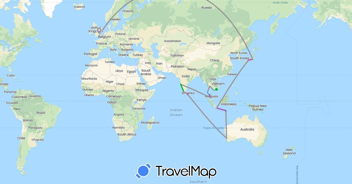 TravelMap itinerary: driving, bus, plane, train, boat, motorbike in Australia, United Kingdom, Indonesia, India, Japan, Sri Lanka, Malaysia, Thailand, Vietnam (Asia, Europe, Oceania)